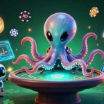 Fabet features a vibrant 3D alien octopus engaging at a poker table while surrounded by crypto coins.