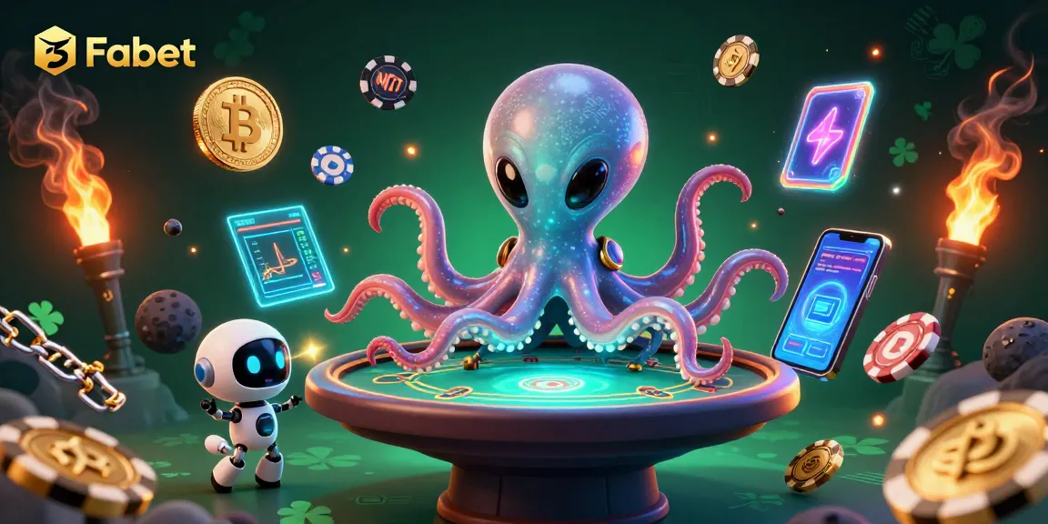 Fabet features a vibrant 3D alien octopus engaging at a poker table while surrounded by crypto coins.
