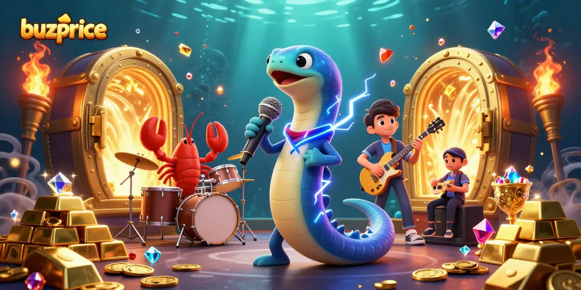 Experience buzzing excitement at buzprice with an electric eel DJ, lobster drummer, and seahorse guitarist in an underwater casino.