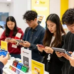 Engaged shoppers checking their Joker card balance in-store for seamless transaction experiences.