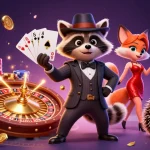 Engage in thrilling gameplay at TX88 with a raccoon holding a royal flush amidst casino excitement.