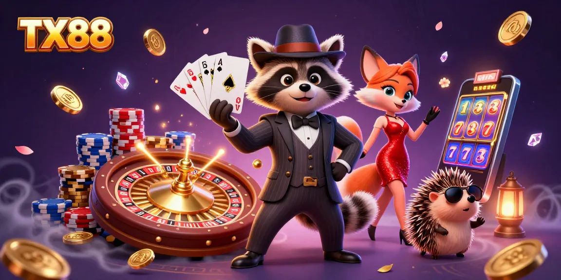 Engage in thrilling gameplay at TX88 with a raccoon holding a royal flush amidst casino excitement.