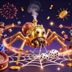 Agen togel enthusiasts enjoy rich visuals of a golden spider web catching dice amidst cascading coins and tools for winning.