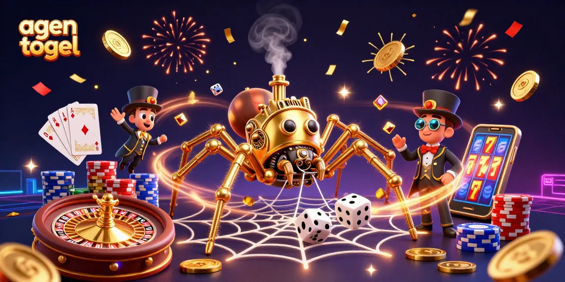Agen togel enthusiasts enjoy rich visuals of a golden spider web catching dice amidst cascading coins and tools for winning.