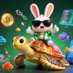 Profitez du jeu sur un casino en ligne avec un adorable lapin chanceux et une tortue dorée, entourés de crypto-monnaies.
