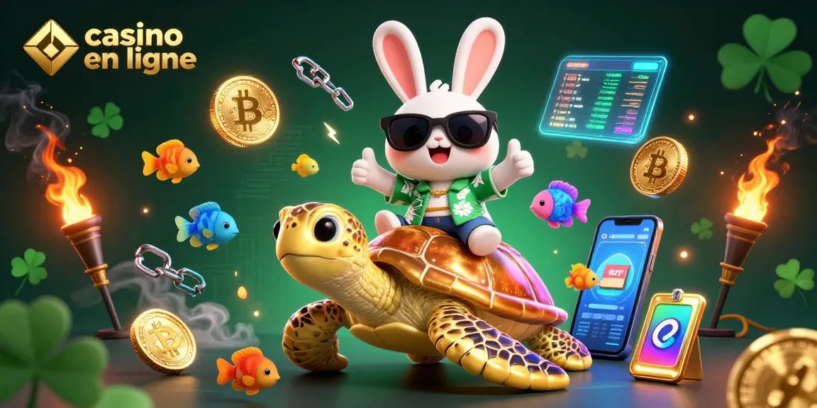 Profitez du jeu sur un casino en ligne avec un adorable lapin chanceux et une tortue dorée, entourés de crypto-monnaies.