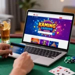 Exciting online casino scene showcasing a player using casinos that accept credit cards at a stylish gaming setup.