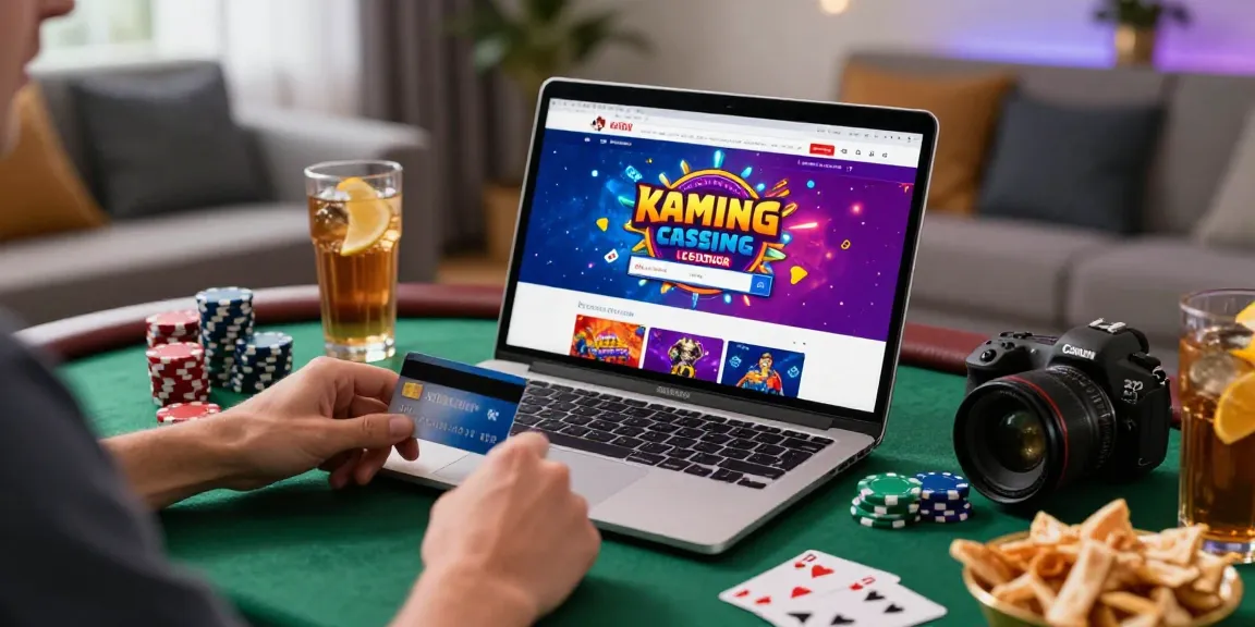 Exciting online casino scene showcasing a player using casinos that accept credit cards at a stylish gaming setup.