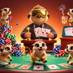 Engage in thrilling gameplay at the Sun casino with meerkats managing poker games and sneaking chips.