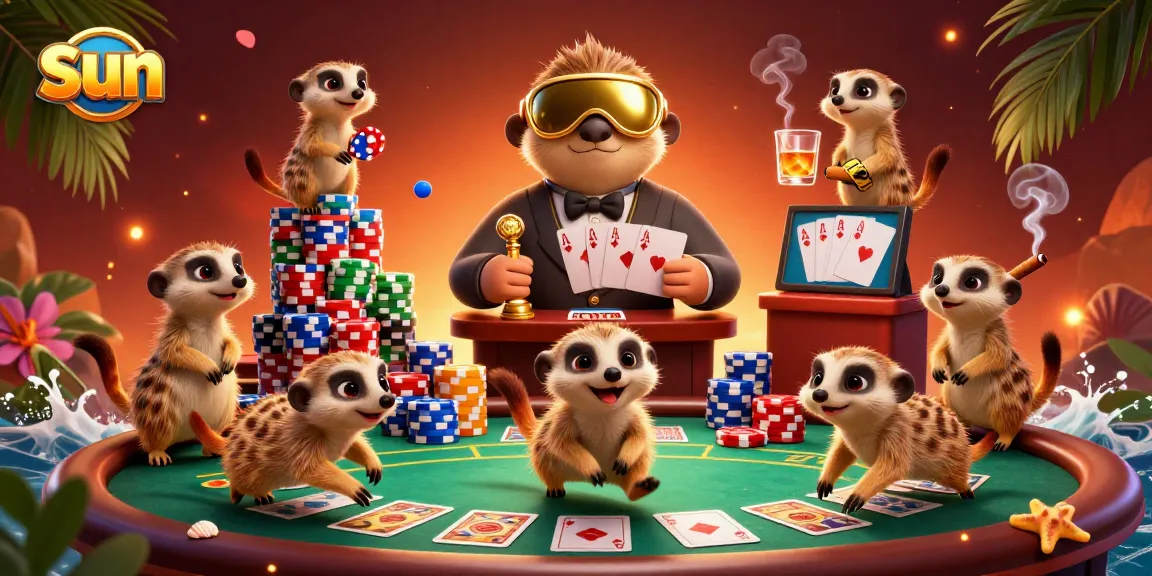 Engage in thrilling gameplay at the Sun casino with meerkats managing poker games and sneaking chips.