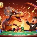Experience the excitement of one88 with a cartoon dinosaur celebrating a jackpot in a vibrant casino scene.