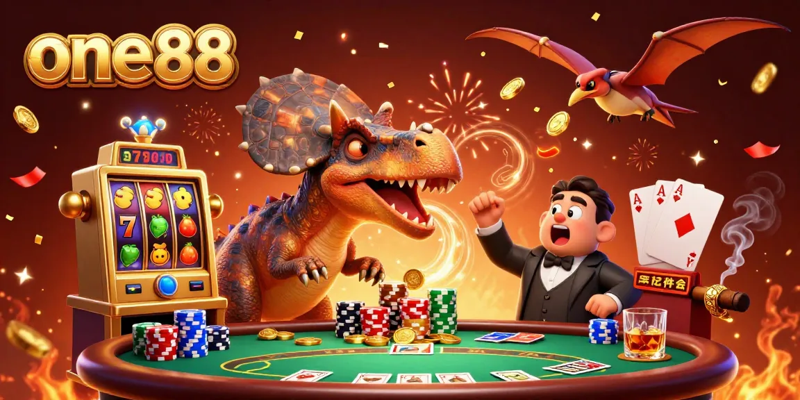 Experience the excitement of one88 with a cartoon dinosaur celebrating a jackpot in a vibrant casino scene.