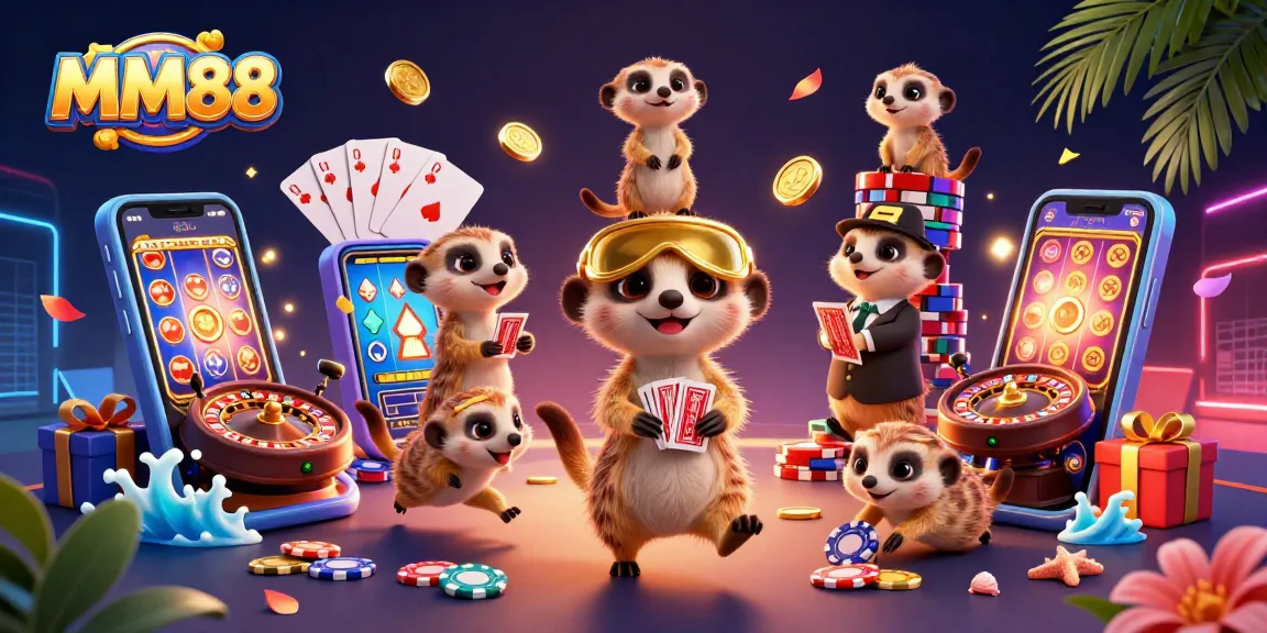 Play and win at MM88 Casino, featuring adorable meerkats managing the action with vibrant games and colorful rewards.