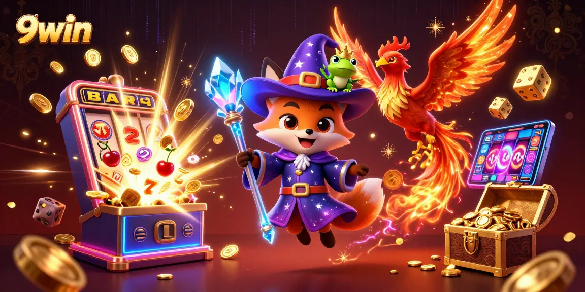 Experience the thrill of 9win with dynamic slot machines and enchanting characters in a vibrant casino scene.