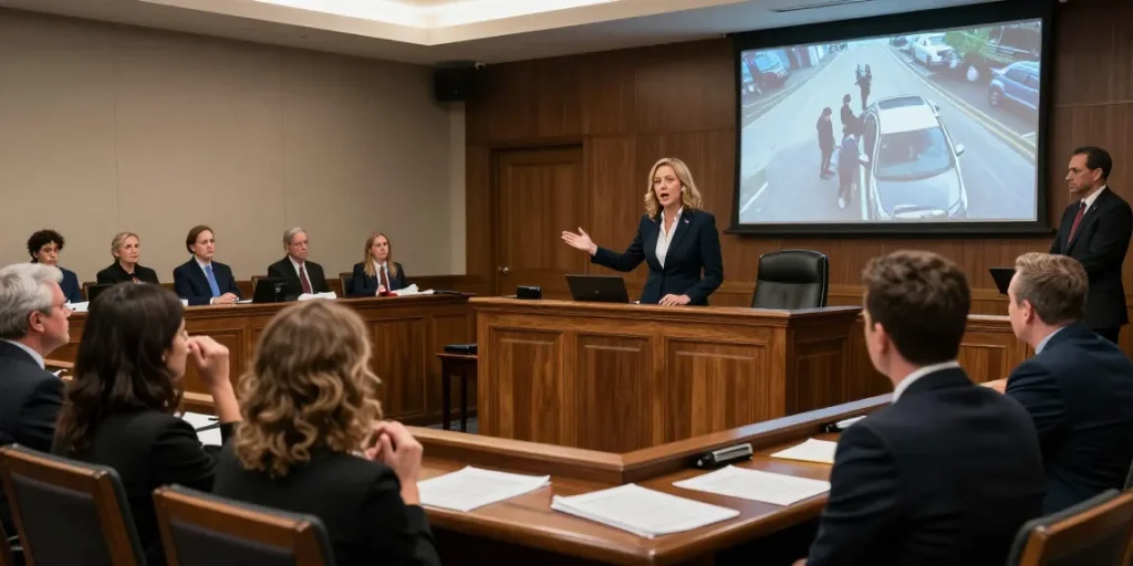 Courtroom scene featuring Karen McCleave Toronto presenting evidence in a high-profile murder trial, capturing the intense atmosphere.