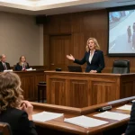 Courtroom scene featuring Karen McCleave Toronto presenting evidence in a high-profile murder trial, capturing the intense atmosphere.