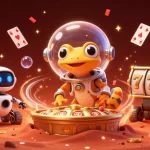 DA88 Martian gecko finds a golden casino in Mars sand while winning big with slot reels.