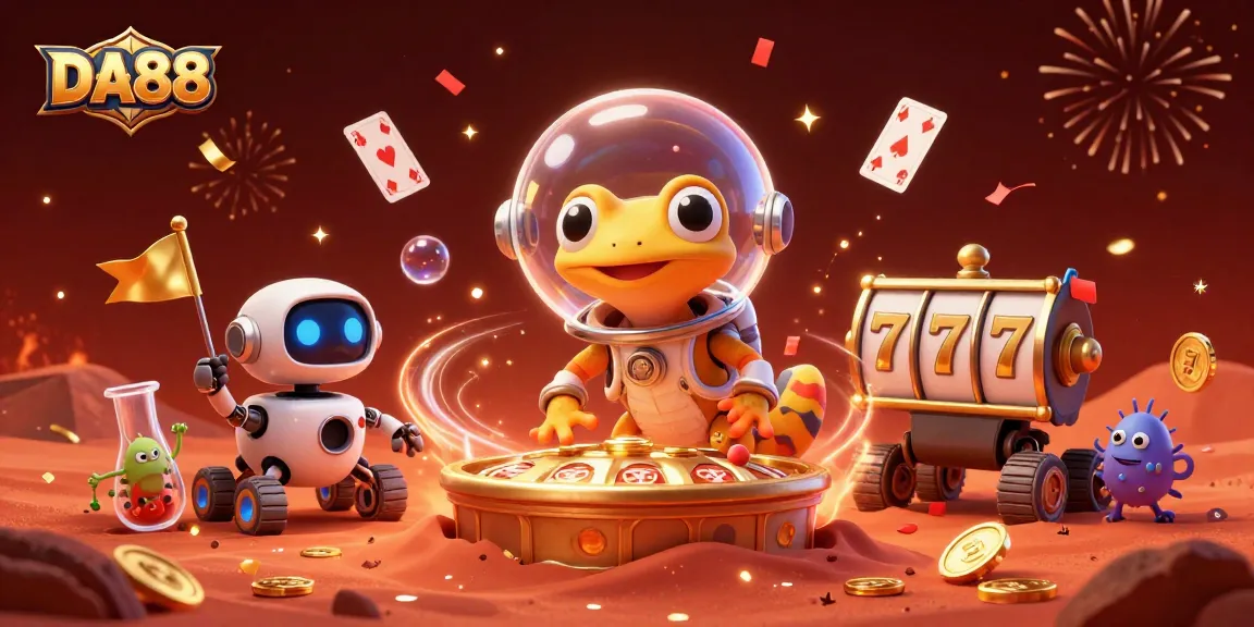 DA88 Martian gecko finds a golden casino in Mars sand while winning big with slot reels.