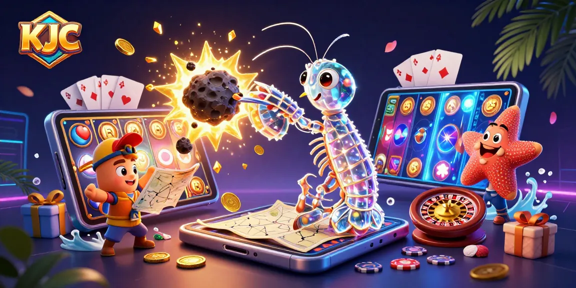 KJC offers vibrant casino experiences with a 3D mantis shrimp battling for treasure amid colorful slot games.