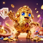 Experience excitement with uk88 vip's animated golden golem, vibrant slot games, and cascading gems!
