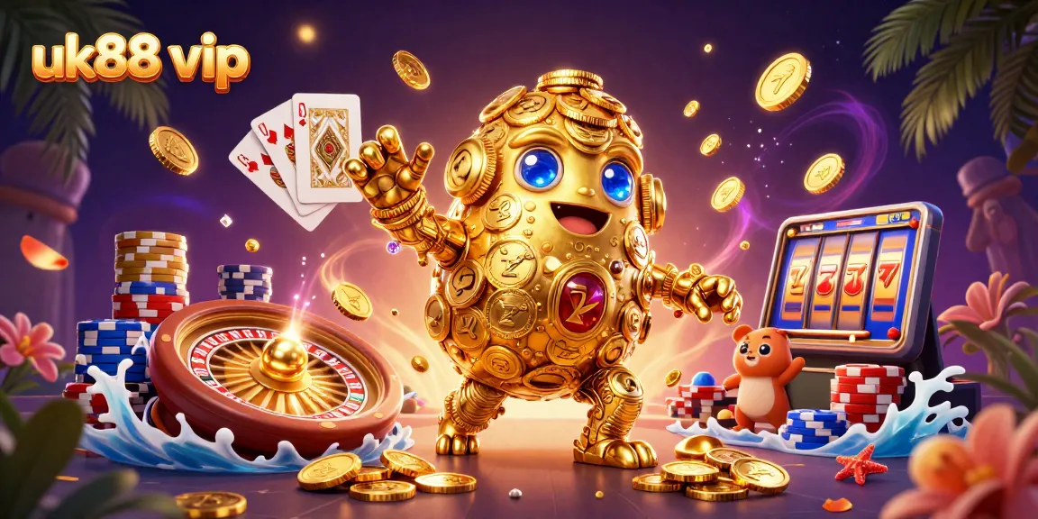 Experience excitement with uk88 vip's animated golden golem, vibrant slot games, and cascading gems!