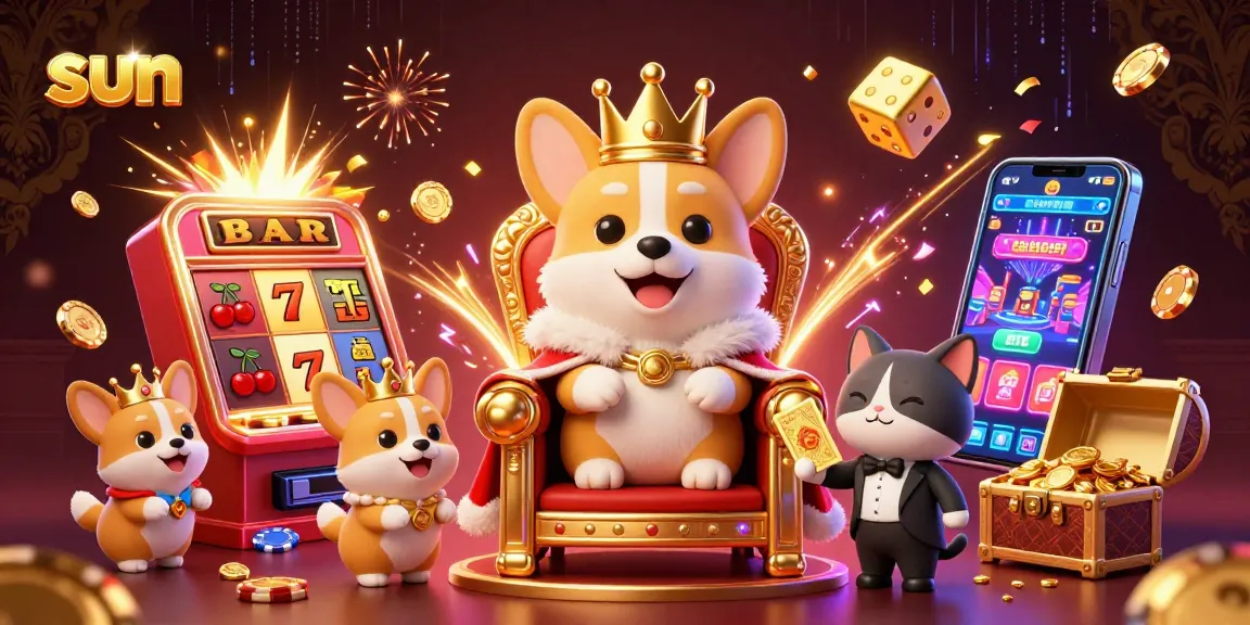 Spin to win at the sun-themed casino with a royal corgi and vibrant gaming elements.
