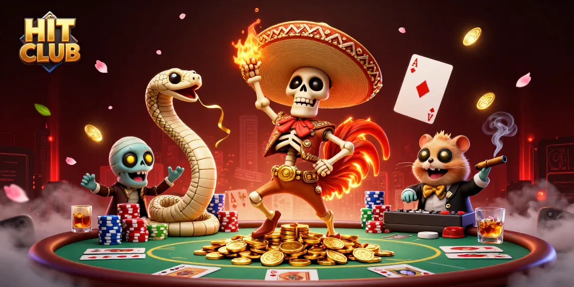 Engage in thrilling gaming at HIT CLUB while celebrating with vibrant characters and rich casino elements.