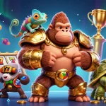 Visualizza un potente gorilla in armatura dorata con un camaleonte e una tartaruga che parlano di casino non AAMS.