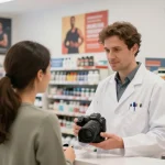 Energiegeladenes Szenario im Unique Pharma Shop mit einem Apotheker, der einem Kunden bei der Auswahl sportlicher Ergänzungen hilft.