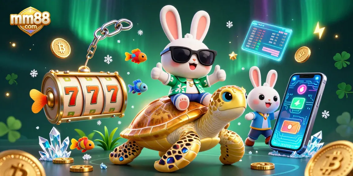 Play and win with mm88 com in a vibrant casino adventure featuring a lucky rabbit and sea turtle.
