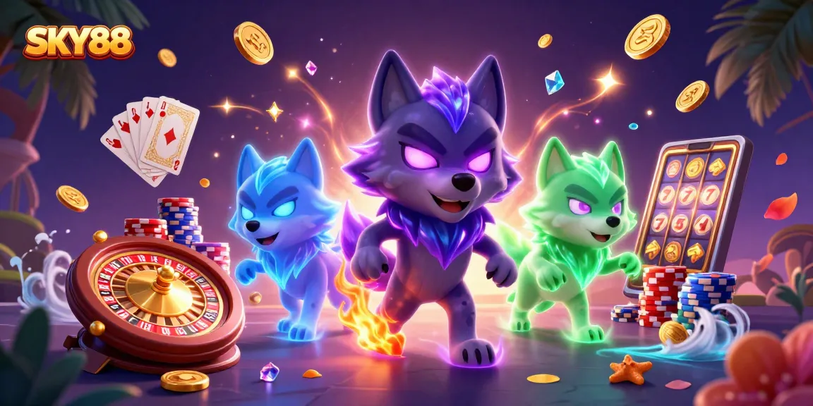 Experience thrilling gameplay at SKY88 with animated wolves and casino elements.