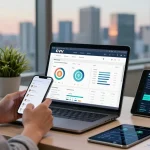 Trusted cvv shop showcasing an online marketplace with analytics and digital wallets in a modern office.