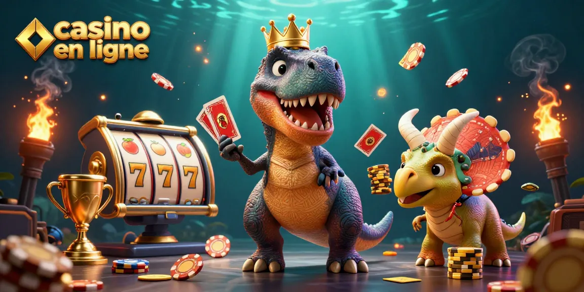 Jouez au casino en ligne avec une expérience immersive entre un T-Rex distribuant des cartes et un triceratops empilant des jetons d'or.