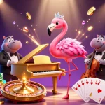 Experience the excitement of nhà cái uy tín with a vibrant casino scene featuring a flamingo singer and a hippo bassist.