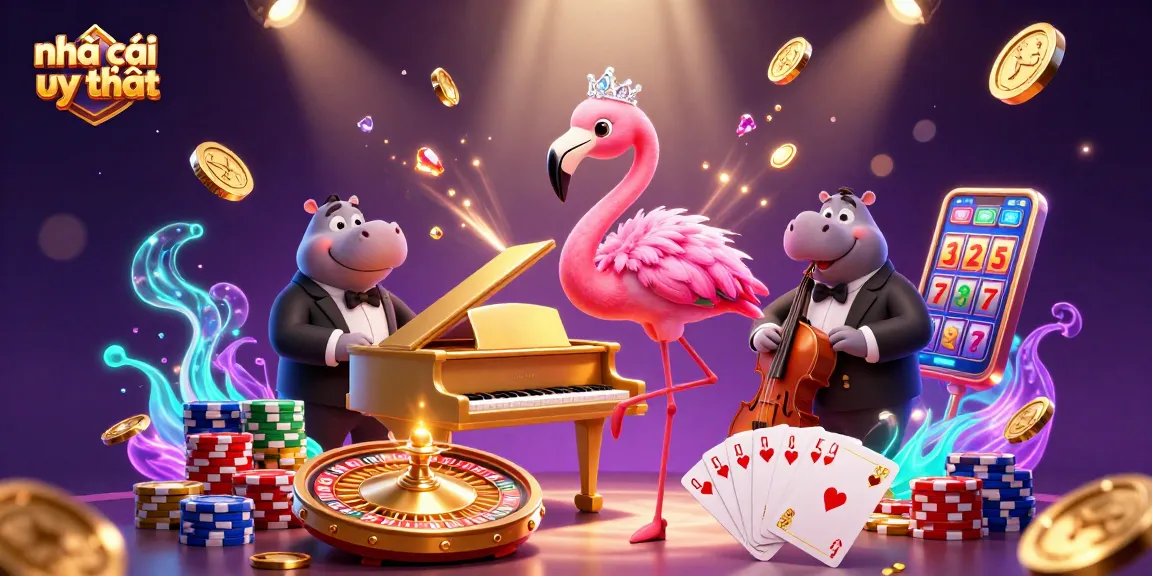 Experience the excitement of nhà cái uy tín with a vibrant casino scene featuring a flamingo singer and a hippo bassist.