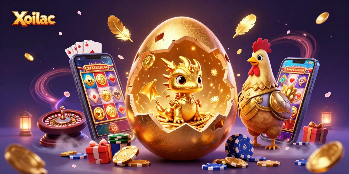 Xoilac transforms with a golden baby dragon amidst poker chips and vibrant gaming elements.