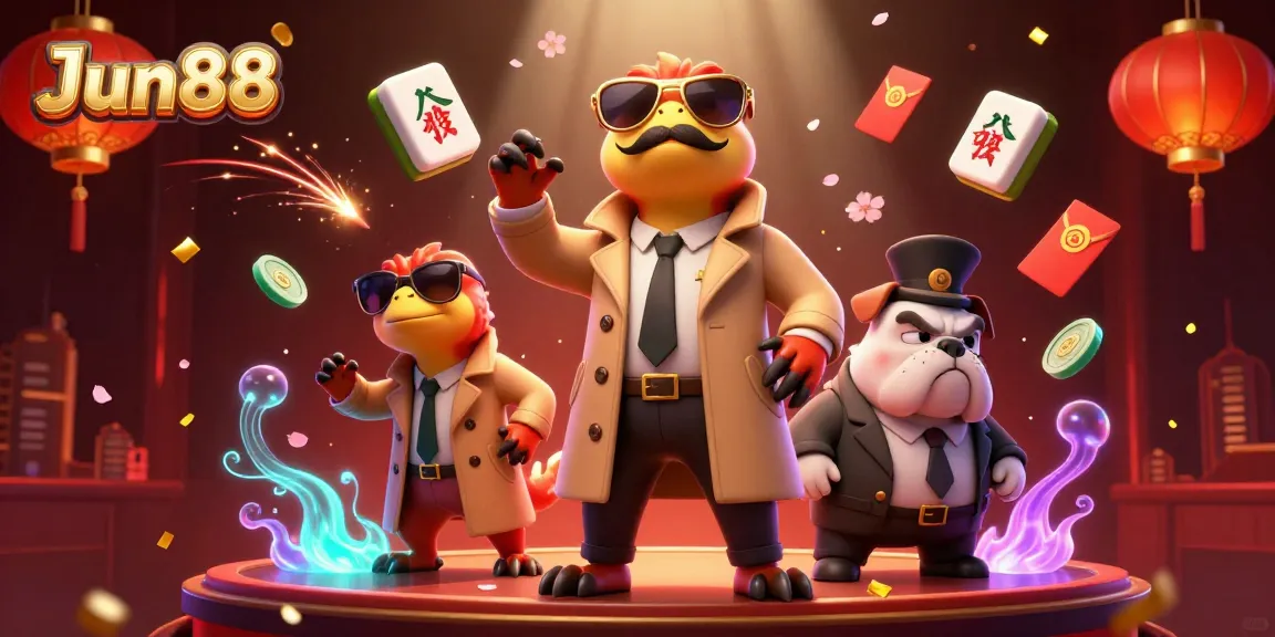 Join the fun at Jun88's VIP lounge, featuring vibrant characters and festive casino elements.