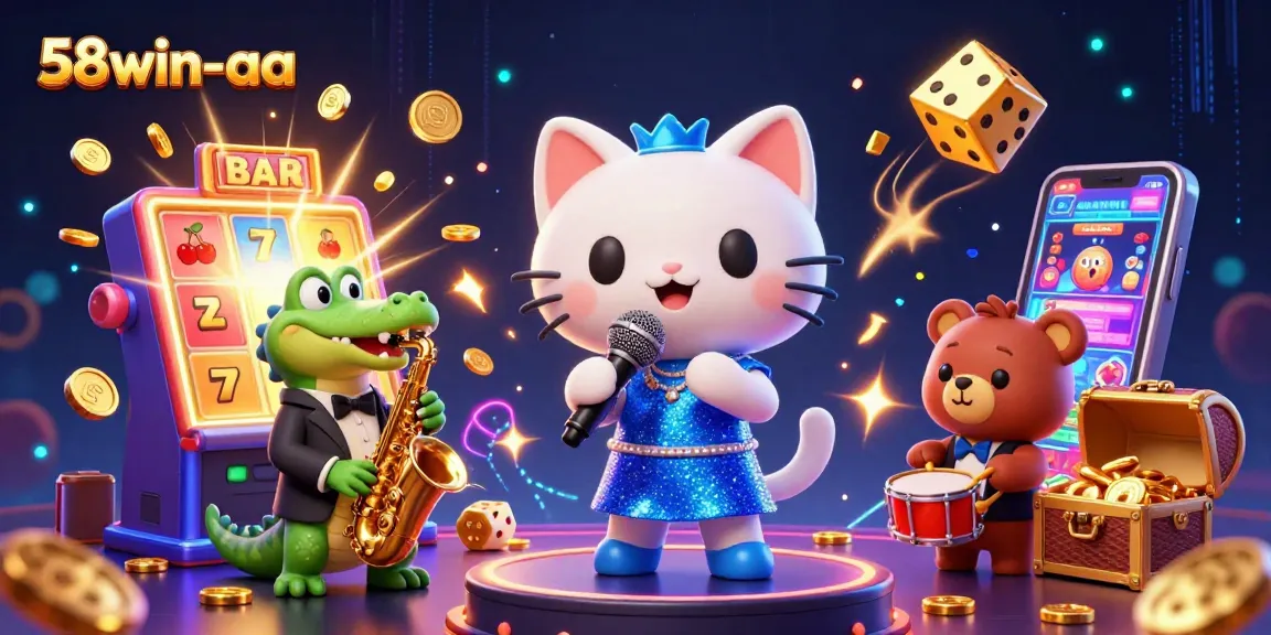 Join the excitement of 58win-aa with a lively jazzy casino scene featuring slots and jackpots.