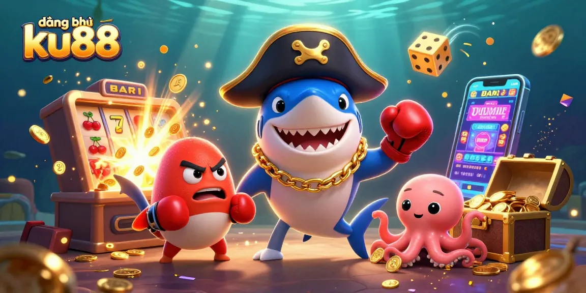 Engage with the thrilling action of đăng ký ku88 as a pirate shark, pufferfish, and octopus celebrate winning treasures in a dynamic casino scene.