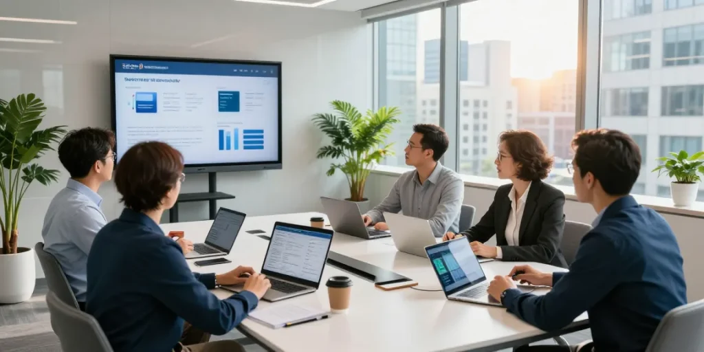 Collaboration in a modern office showcasing cibc digital business solutions, highlighting teamwork and technology.