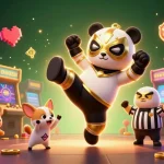 uu88 showcases thrilling gameplay with a panda wrestler kicking amidst vibrant casino elements.