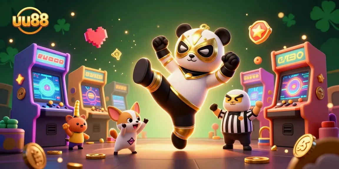 uu88 showcases thrilling gameplay with a panda wrestler kicking amidst vibrant casino elements.