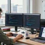 Pengembang perangkat lunak di https://predictplay.io/ sedang bekerja dengan layar ganda menampilkan kode aplikasi terdesentralisasi.