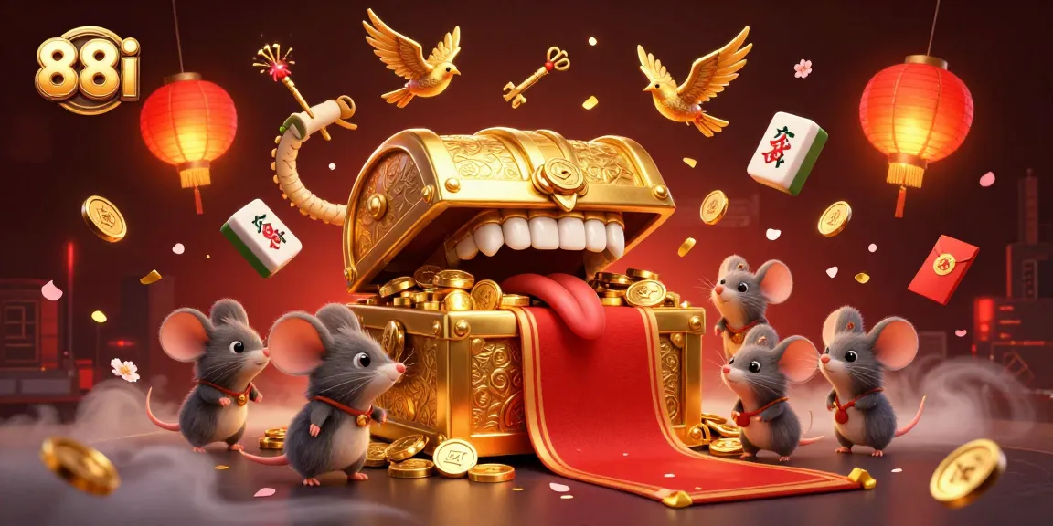 Experience excitement with 88i as playful treasure characters entice adventurer mice in a vibrant casino-themed scene.