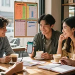 Diskusi nomor rejeki dengan teman sambil menikmati kopi di kafe.