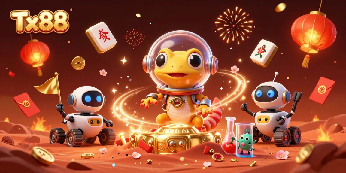 Join the Tx88 Martian gecko at a golden casino adventure on Mars with festive celebrations.