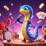Illustration colorée de casino en ligne, avec un DJ anguille et des éléments de jeu formidables.