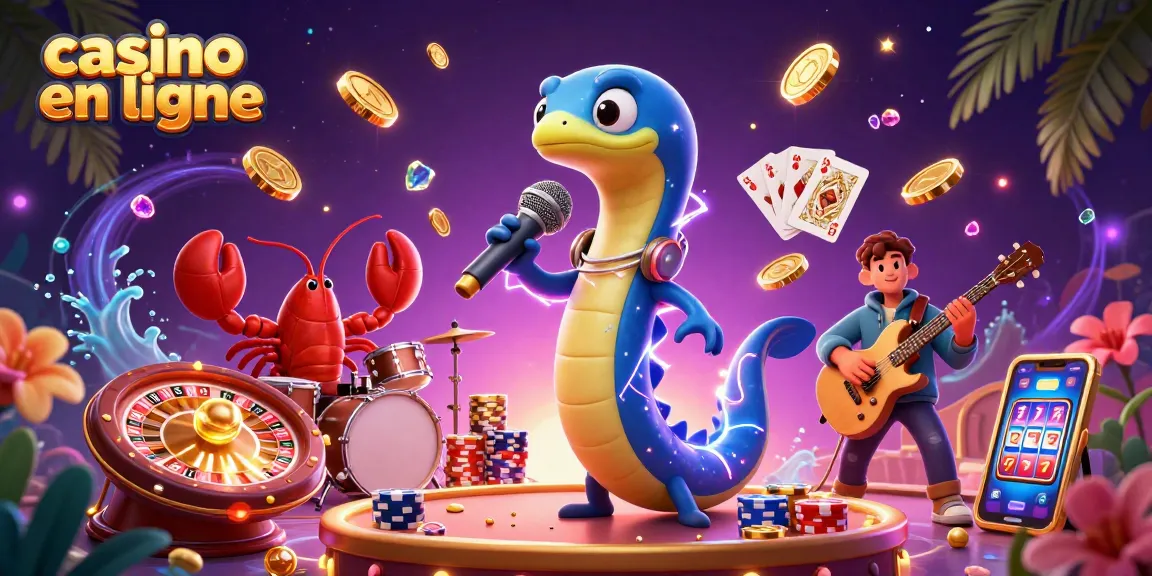 Illustration colorée de casino en ligne, avec un DJ anguille et des éléments de jeu formidables.