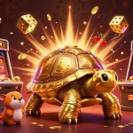 Vivez l'excitation du casino en ligne avec cette illustration de tortue dorée et machines à sous.