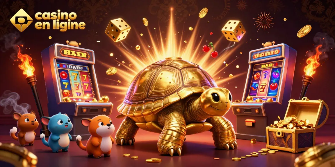 Vivez l'excitation du casino en ligne avec cette illustration de tortue dorée et machines à sous.